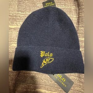 Polo Ralph Lauren Navy Knit Beanie with Yellow Crest Embroidery